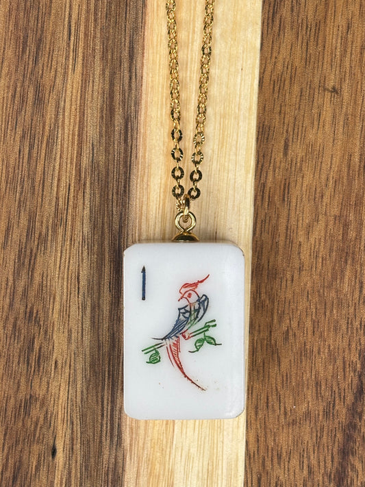 Vintage Mahjong Tile Necklace Bird