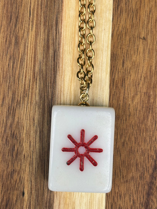 Vintage Mahjong Tile Necklace Red Burst
