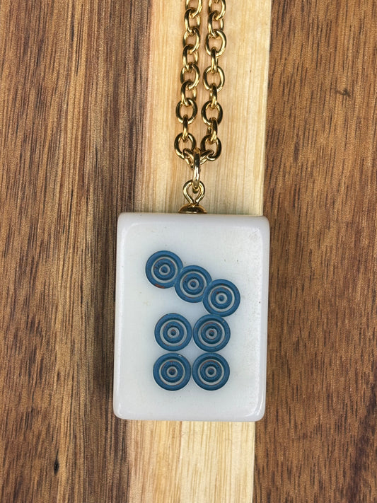 Vintage Mahjong Tile Necklace 7 blue circles