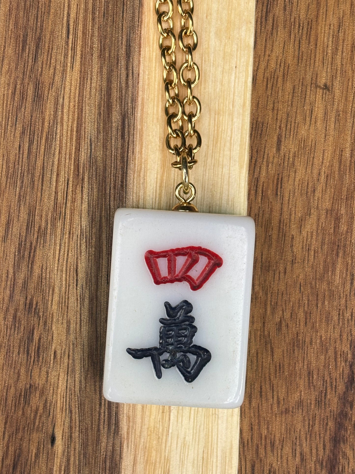 Vintage Mahjong Tile Necklace Red Over black